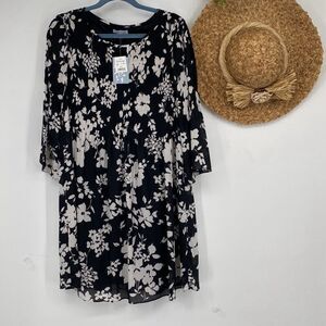 Floral & Ivy MIDI Keyhole Shift Dress 3/4 Flutter Sleeve Smocked Pleated Black W